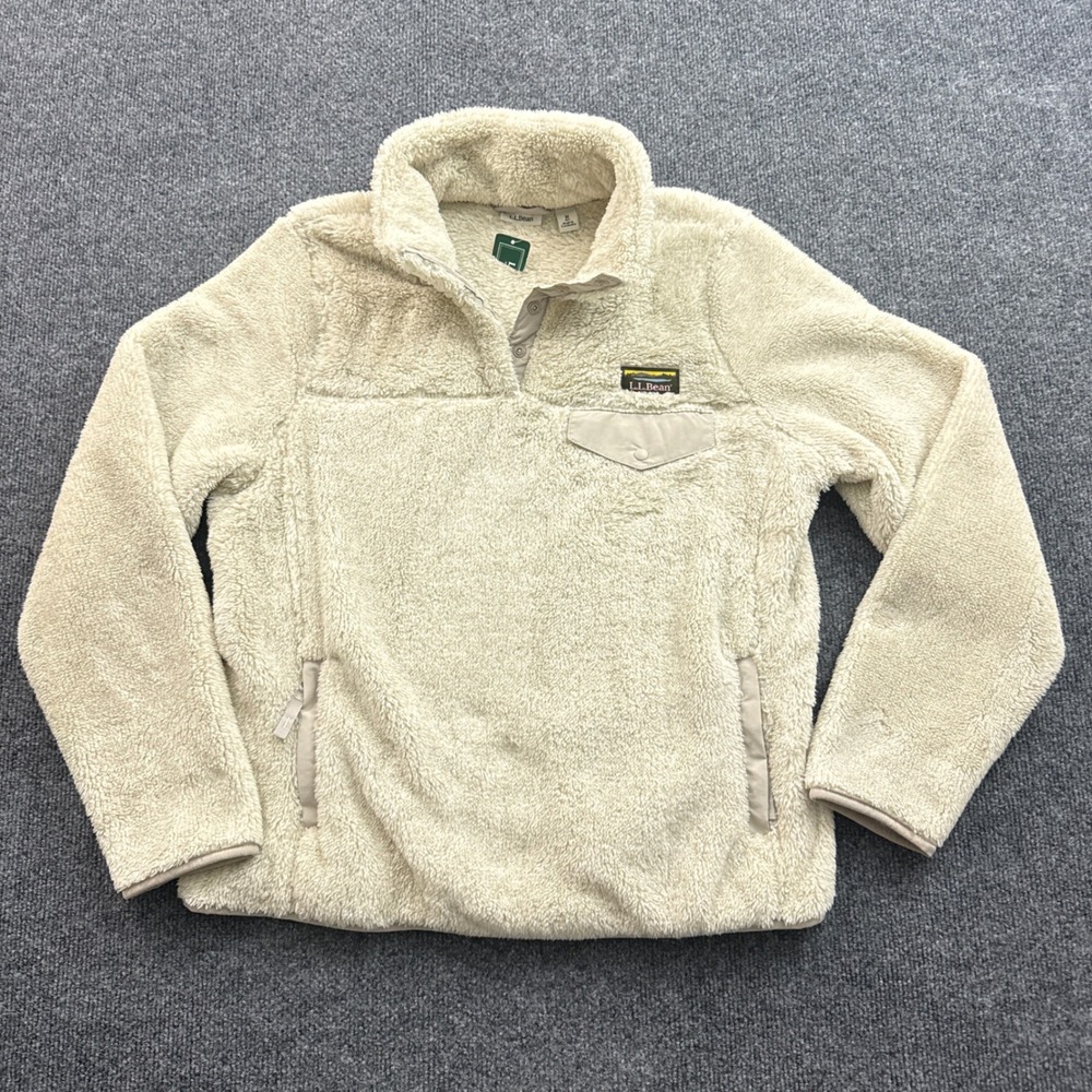 L.L. Bean Hi-Pile Fleece Pullover Womens M Petite Cream Snap Neck 505921